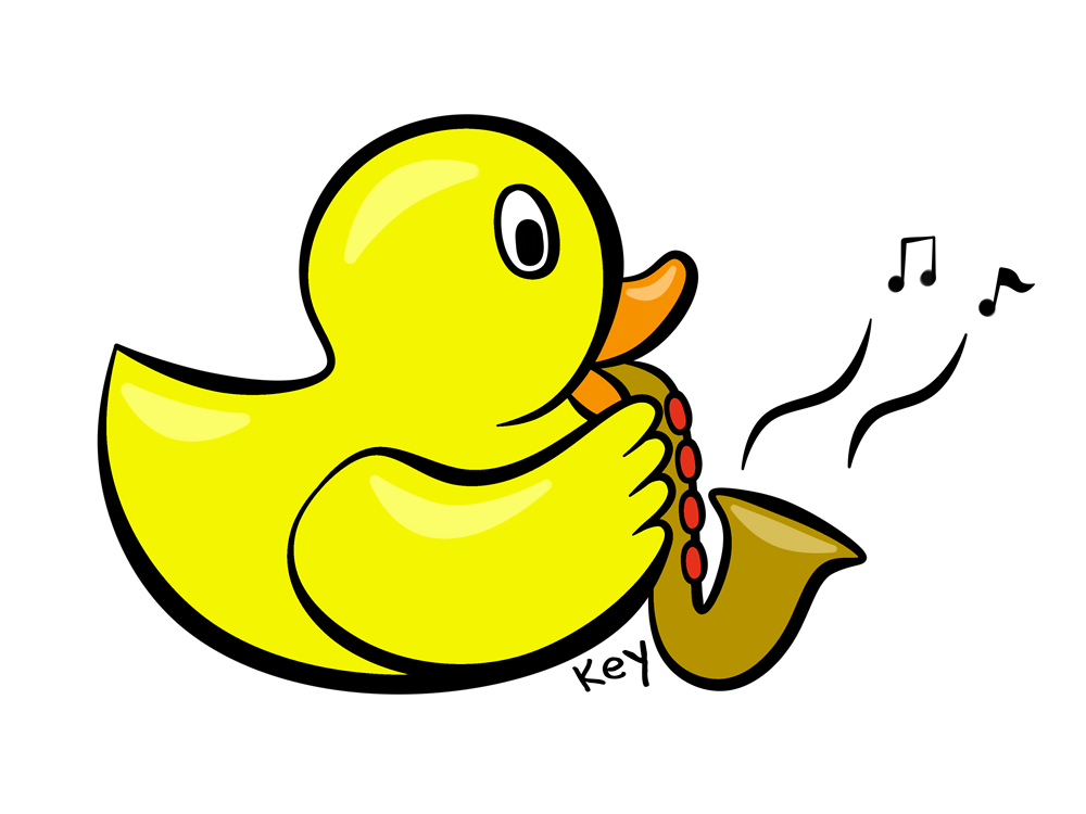 a rubber duck playing the saxophone