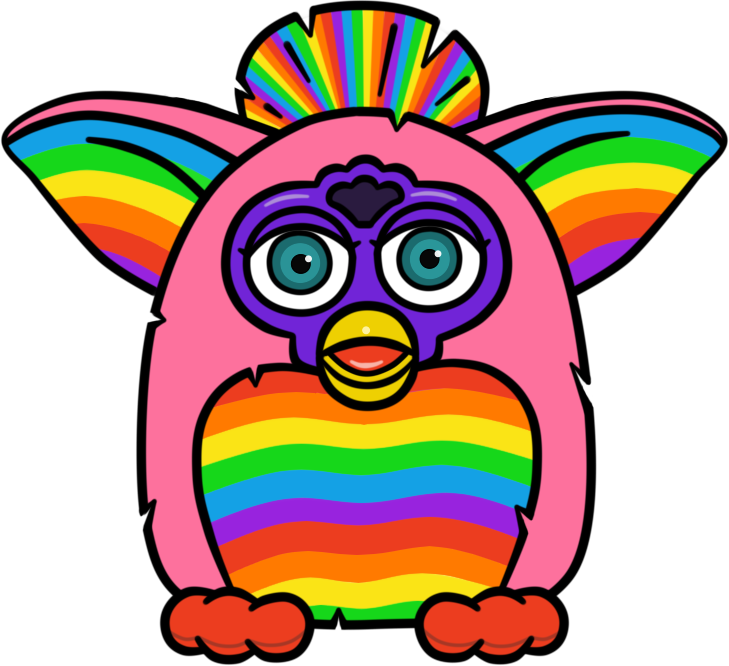 a bright pink Furby with rainbow ears and belly