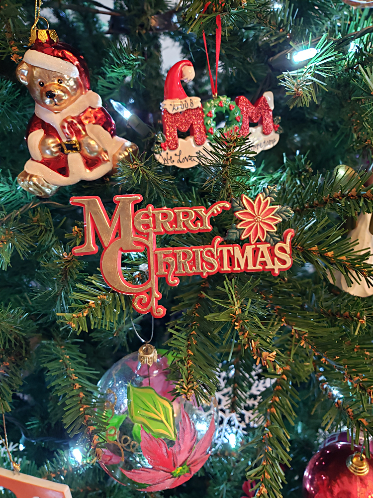 a simple ornament proclaiming 'Merry Christmas' in a Christmas tree