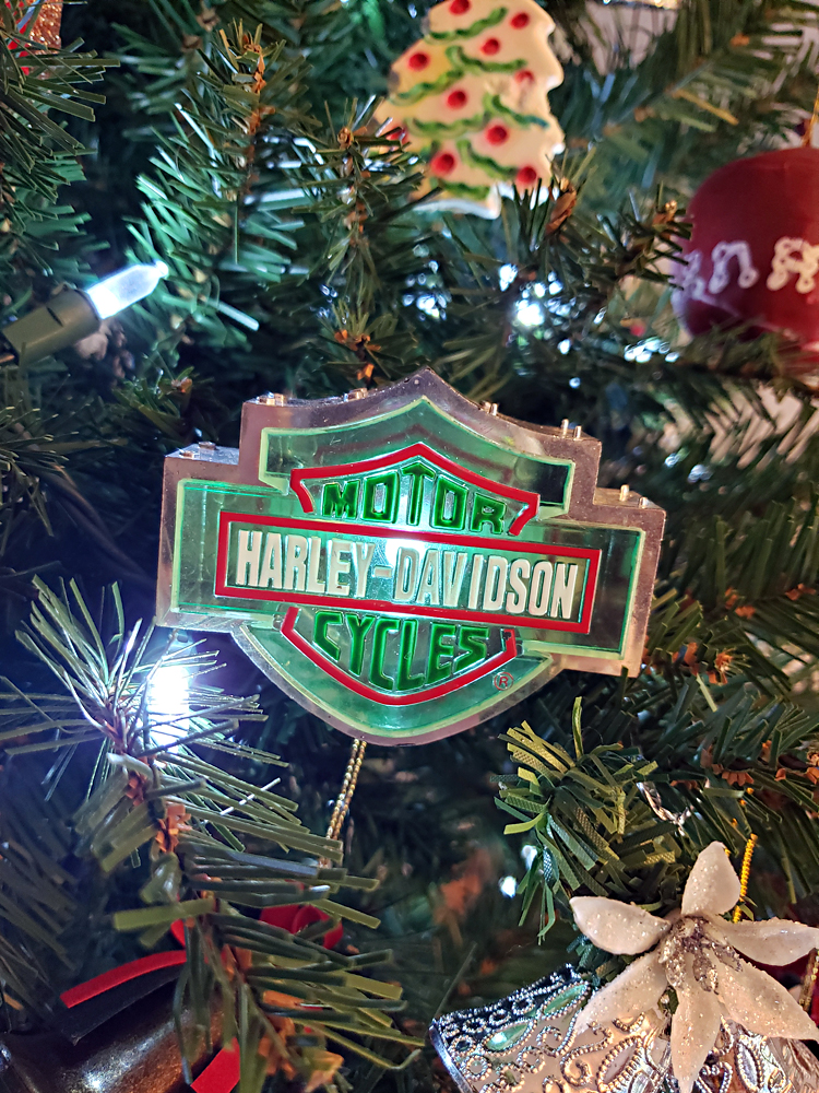 a Harley Davidson ornament in a Christmas tree