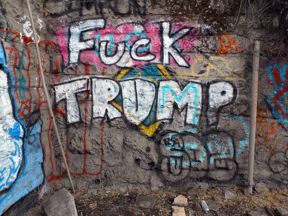 a crumbling wall spray-painted with the words 'Fuck Trump'