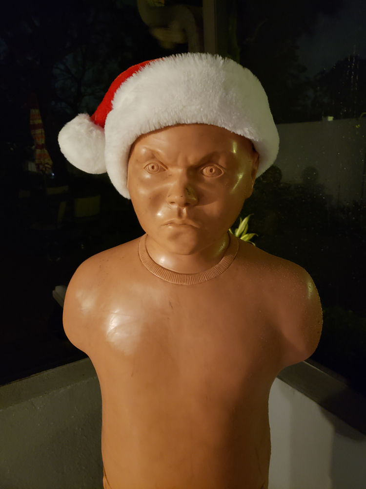 Bob, a martial arts dummy, wearing a Santa hat
