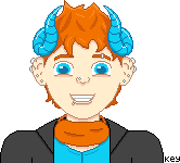 a bust of a person with blue curled horns and bright orange hair