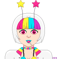 a bust of a raver girl with brightly-colored fashion
