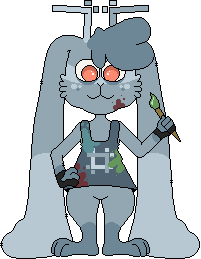 a gray anthro jackalope-type creature in a paint-covered smock, wielding a paintbrush