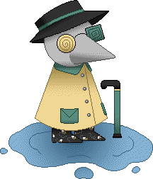 a chibi plague doctor with swirly glasses and bumblebee rainboots