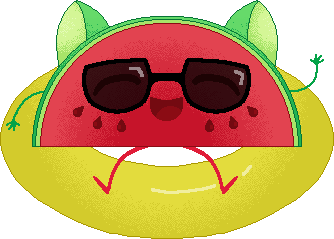 a watermelon slice with cat ears and sunglasses and a smiling face relaxes on an inner tube