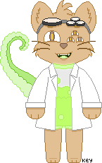 a cat-like creature with an erlenmeyer flask full of green goo for a torso in a labcoat and custom goggles