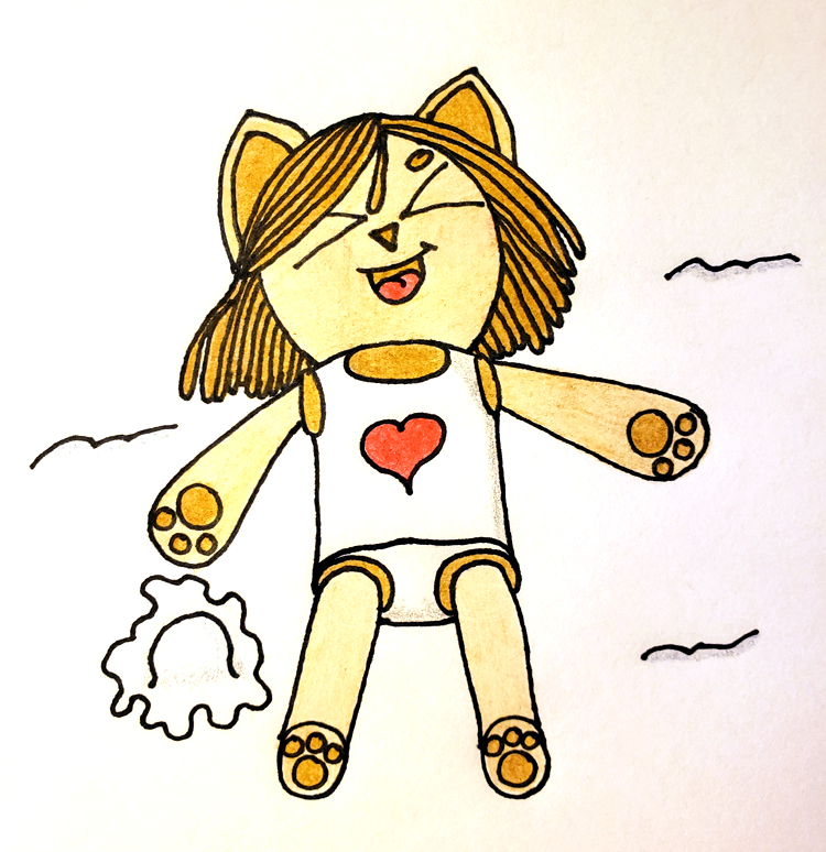 a tan cat creature with a jar for a torso (containing a valentine heart) lies in the snow, having been hit by a snowball