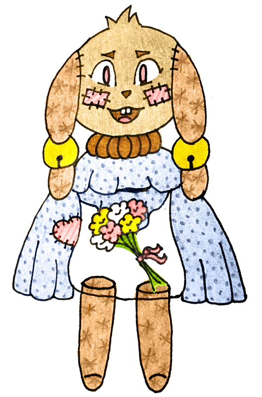 a cottagecore plush rabbit with a jar for a torso, which contains a bundle of wildflowers