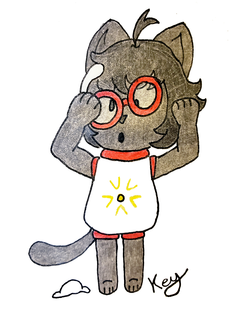 a gray cat creature with red glasses knocked askew by a snowball