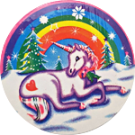 Lisa Frank: unicorn with red & green theme in a winter scene