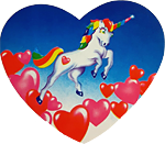 Lisa Frank: rainbow unicorn among hearts