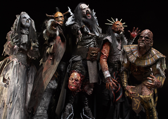 Lordi members in their Deadache-era costumes.