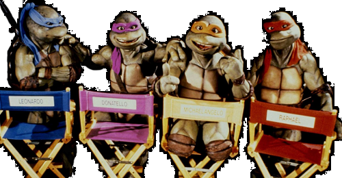 The original movie Turtles with their 'director's' chairs